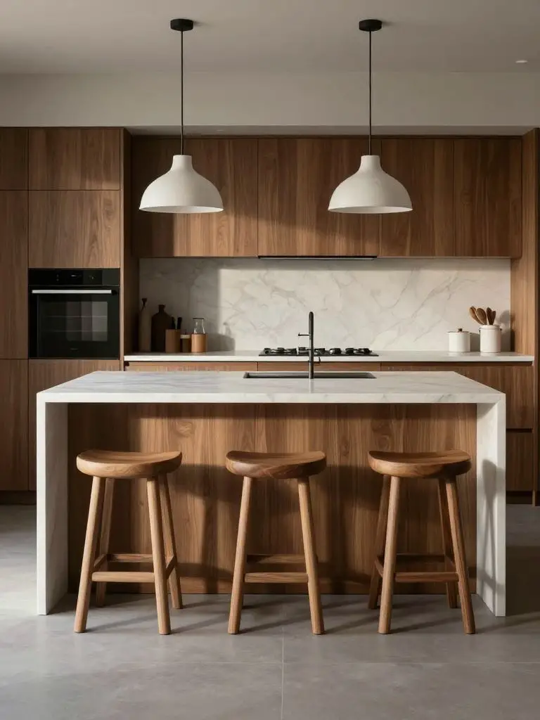 A refined Japandi kitchen with sculptural solid wood bar stools positioned beneath a waterfall-edge marble island.