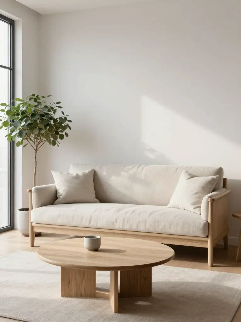 A Japandi neutral living room featuring a light wood-framed sofa with ivory linen cushions as the central focal point, positioned near a lar.