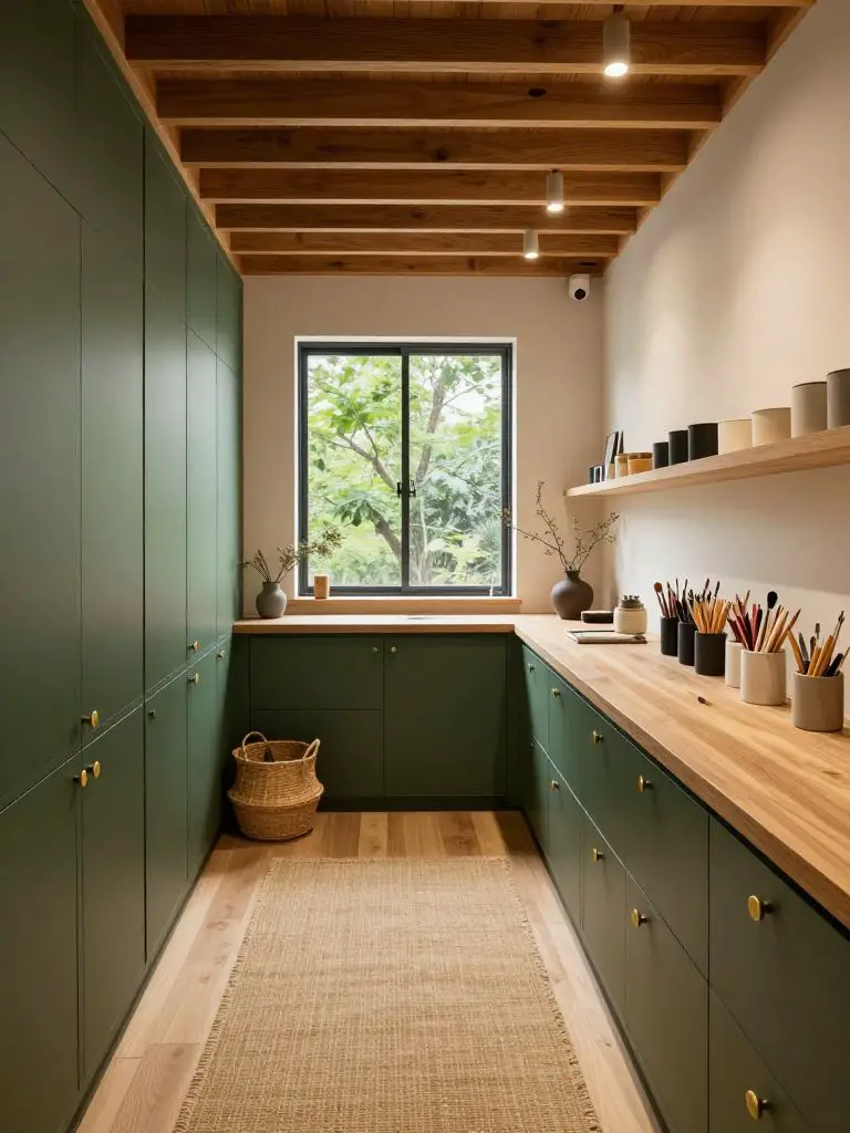 A Japanese Scandinavian creative studio designed as a long, narrow workspace with deep forest green lower cabinetry and warm natural wood ce.