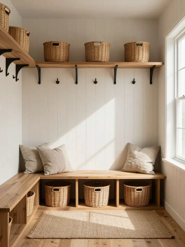 A Japanese Scandinavian mudroom designed with vertical shiplap walls painted soft warm white and built-in wood shelving.
