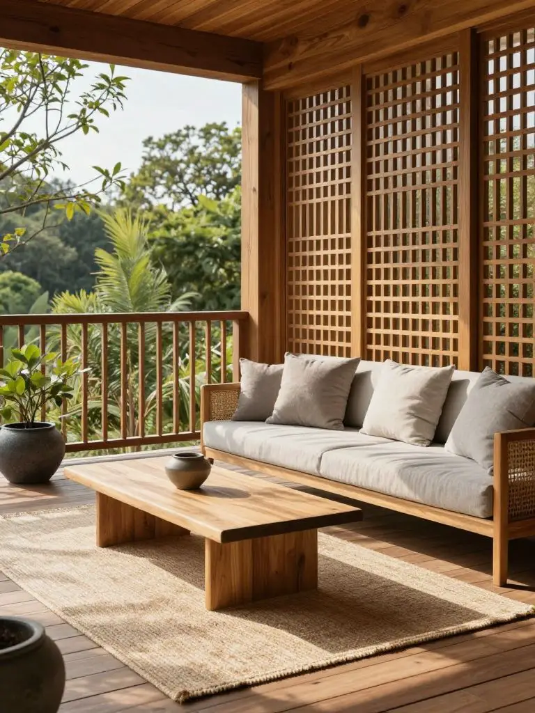 A Japanese Scandinavian outdoor balcony retreat crafted with warm cedar wood slats and lattice panels.