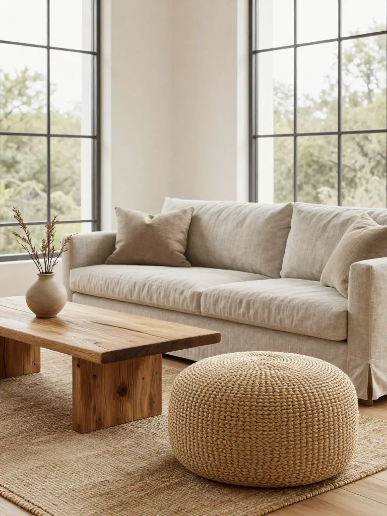 A warm minimalist lounge styled around eco friendly textiles and natural fiber decor.