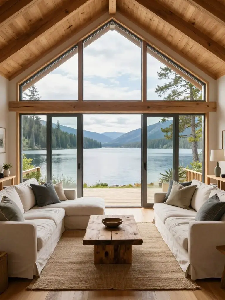 A bright lakefront mountain cabin great room featuring vaulted timber ceilings and a dramatic wall of windows framing serene water views.
