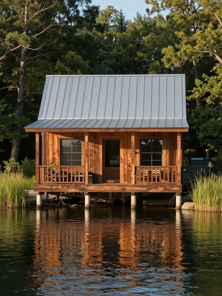 A rustic lakefront small cabin idea elevated on timber stilts above calm water, blending Modern Rustic with Southern cottage influence.