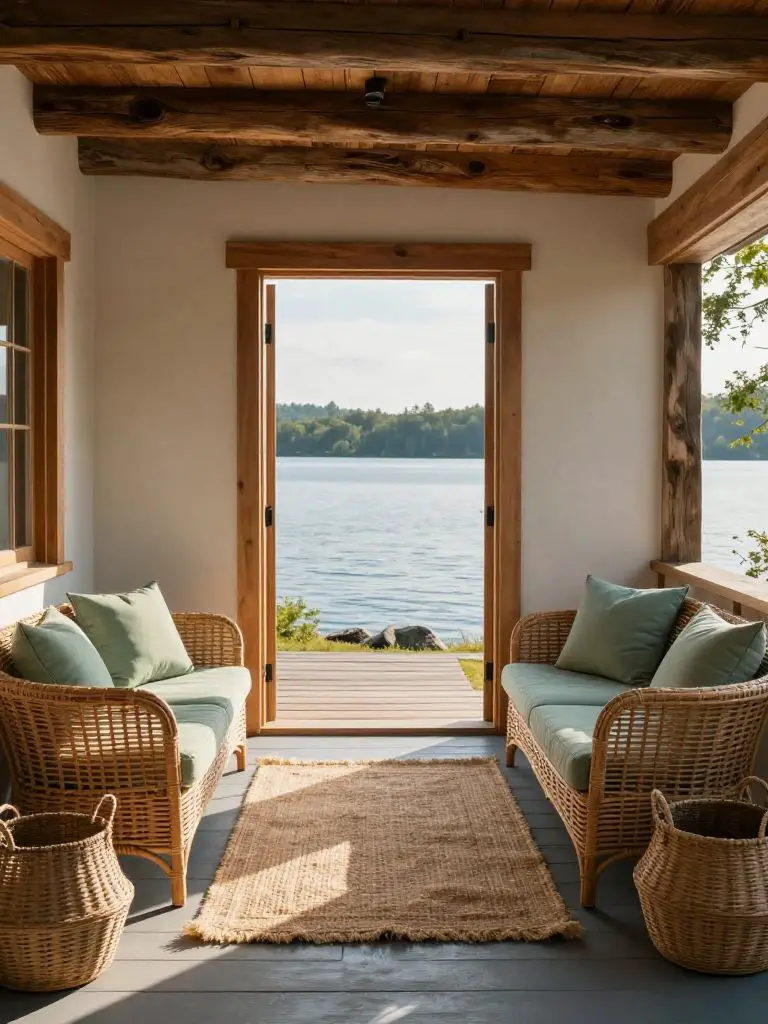 A lakeside mountain cabin porch lounge featuring woven rattan seating with soft sage-green cushions positioned symmetrically on either side.