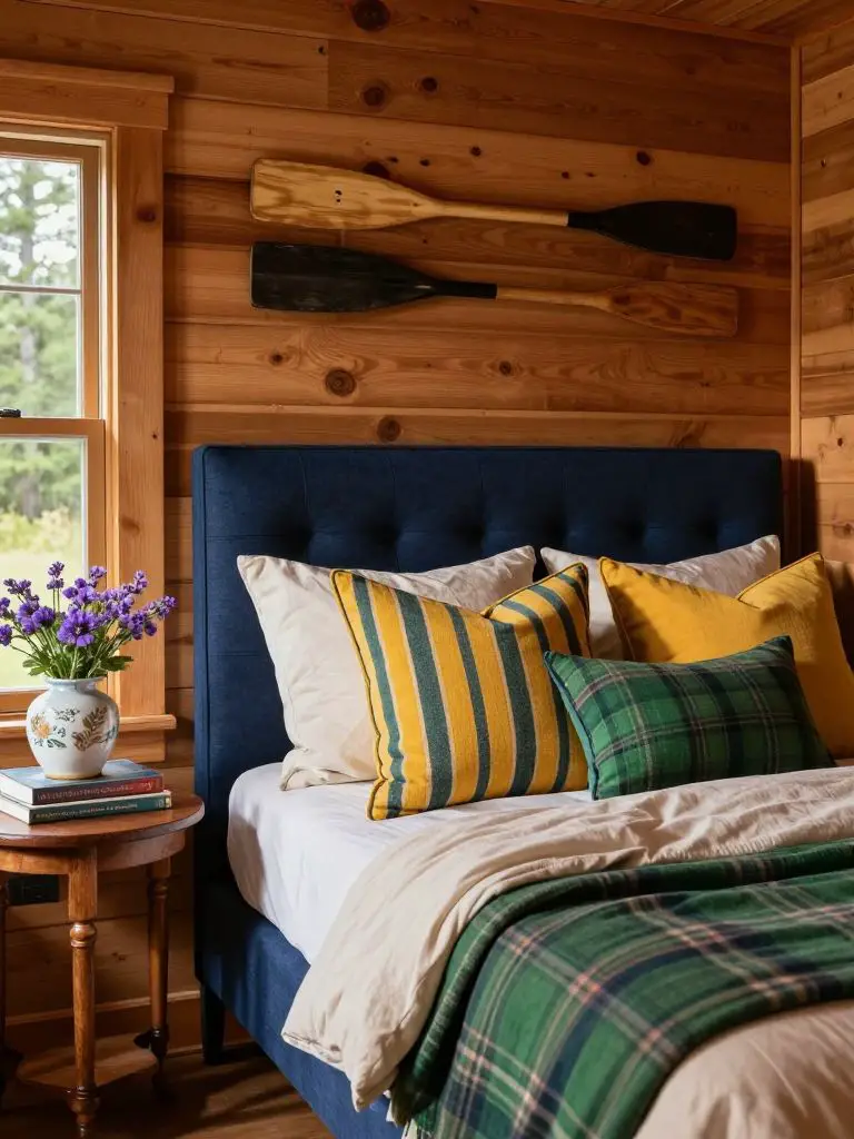 A lakeside cabin bedroom styled with heritage-inspired cabin decorating ideas.
