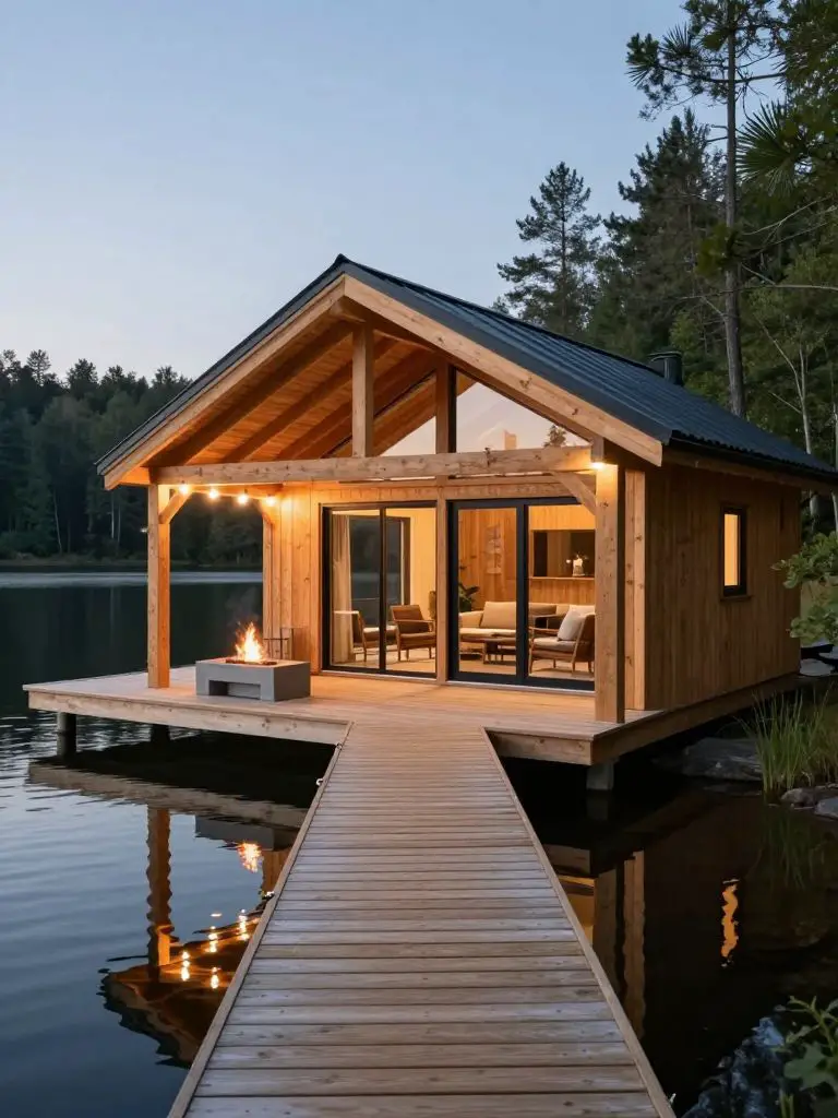 A cozy lakeside modern rustic cabin design with a private wooden dock extending over calm water at twilight.