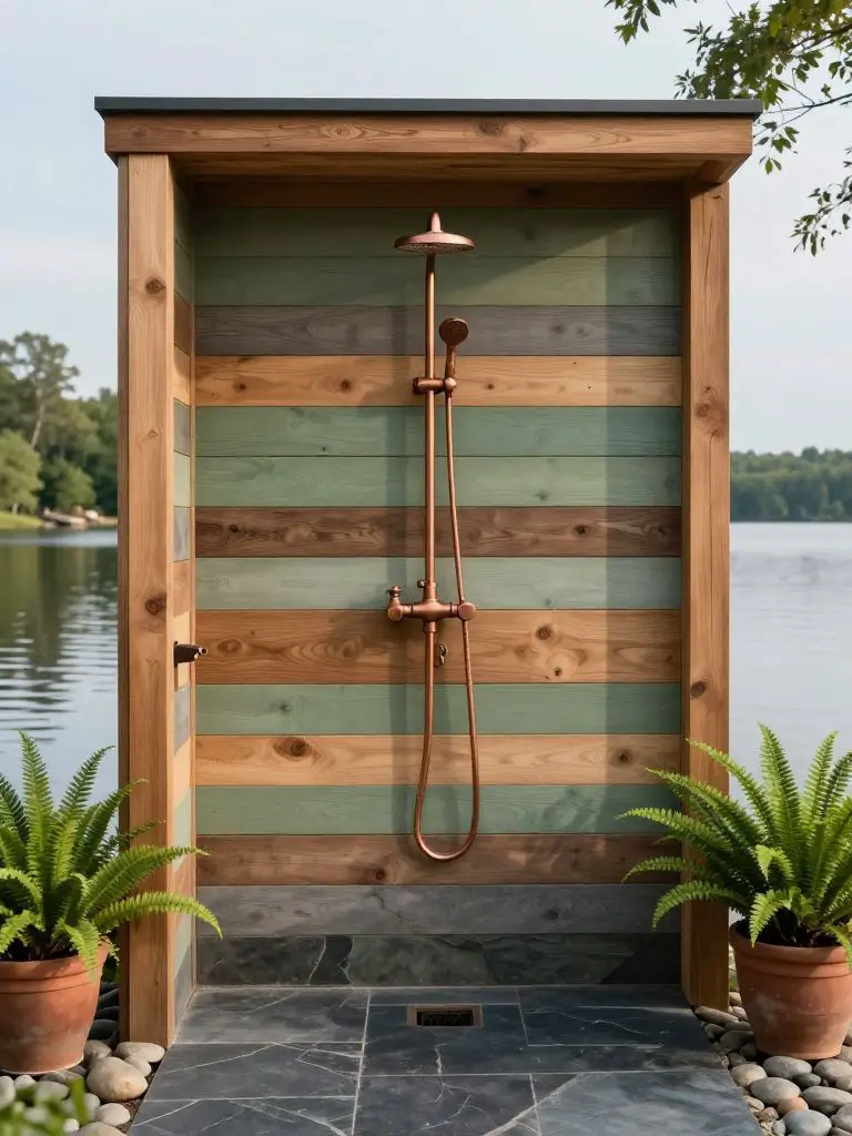 A lakeside off grid shower framed by multi-toned horizontal wood slats in warm cedar, sage green, and muted gray, designed in a curated mode.