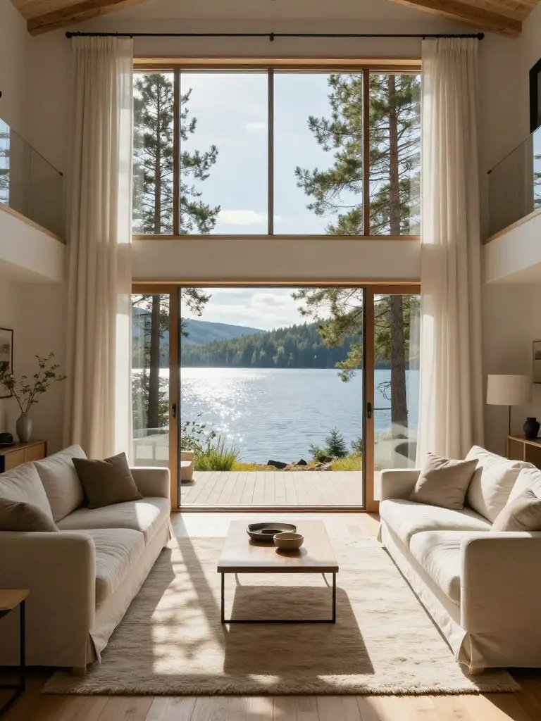 A bright mountain cabin living room centered around a dramatic two-story window wall overlooking a sparkling lake framed by tall pines.