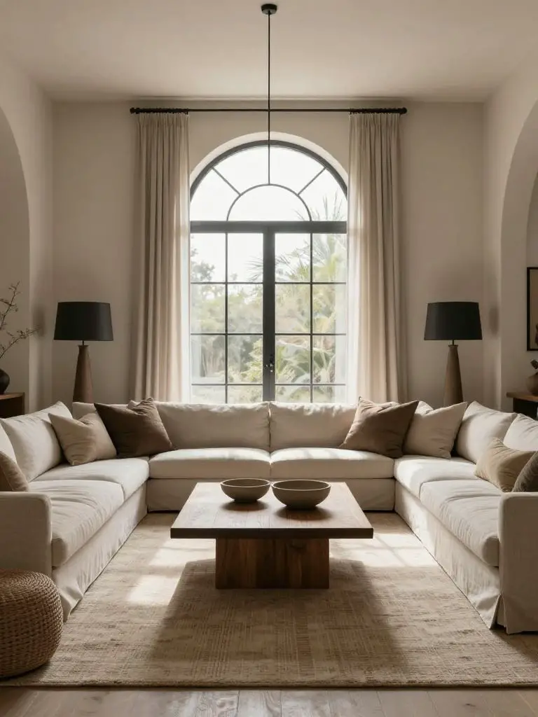 A spacious modern earthy living room featuring a dramatic arched window and expansive sectional seating.