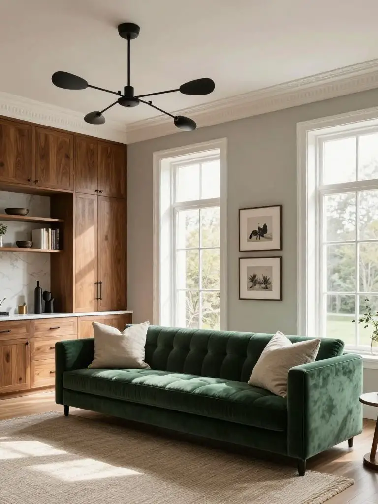 A light-filled transitional living room with classic architectural molding and a modern rustic touch.