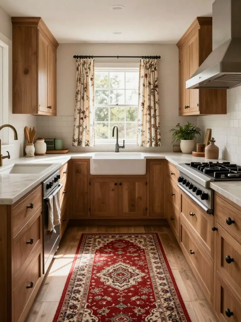 A warm modern farmhouse kitchen renovation featuring honey-toned wood cabinetry lining both sides of a galley layout.