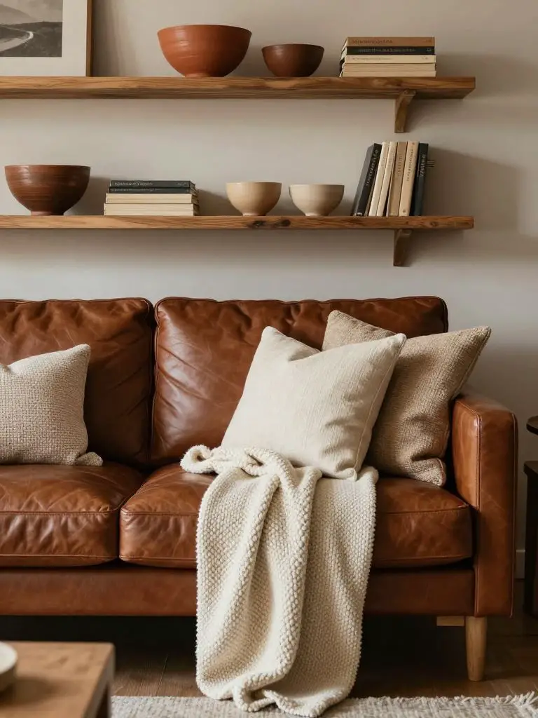 A layered cozy earthy living room showcasing a rich brown leather sofa styled with textured cream, woven beige, and patterned neutral pillow.