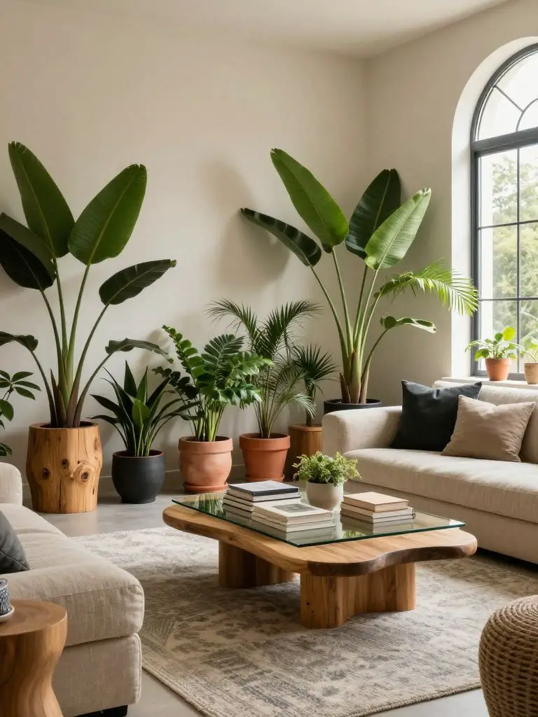 Design a sustainable home decor living room corner filled with layered indoor plants in a Warm Minimalist and Modern Rustic blend.
