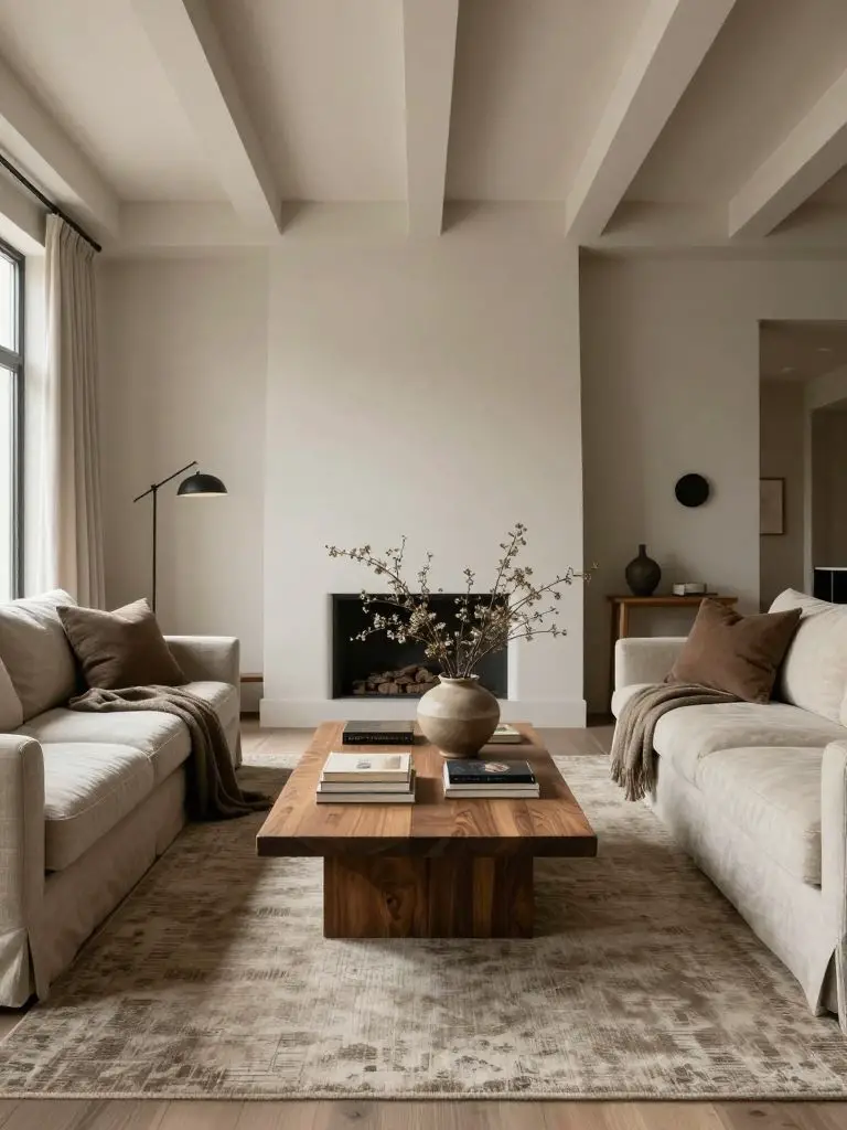 A layered modern earthy living room in a Warm Minimalist + Modern Rustic style featuring two neutral sofas facing each other across a solid.