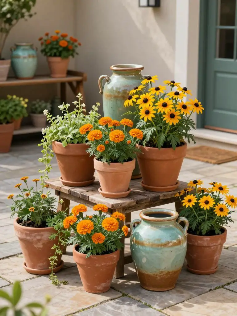 A layered patio container garden styled in Warm Minimalist cottage design, arranged around a small paved courtyard.