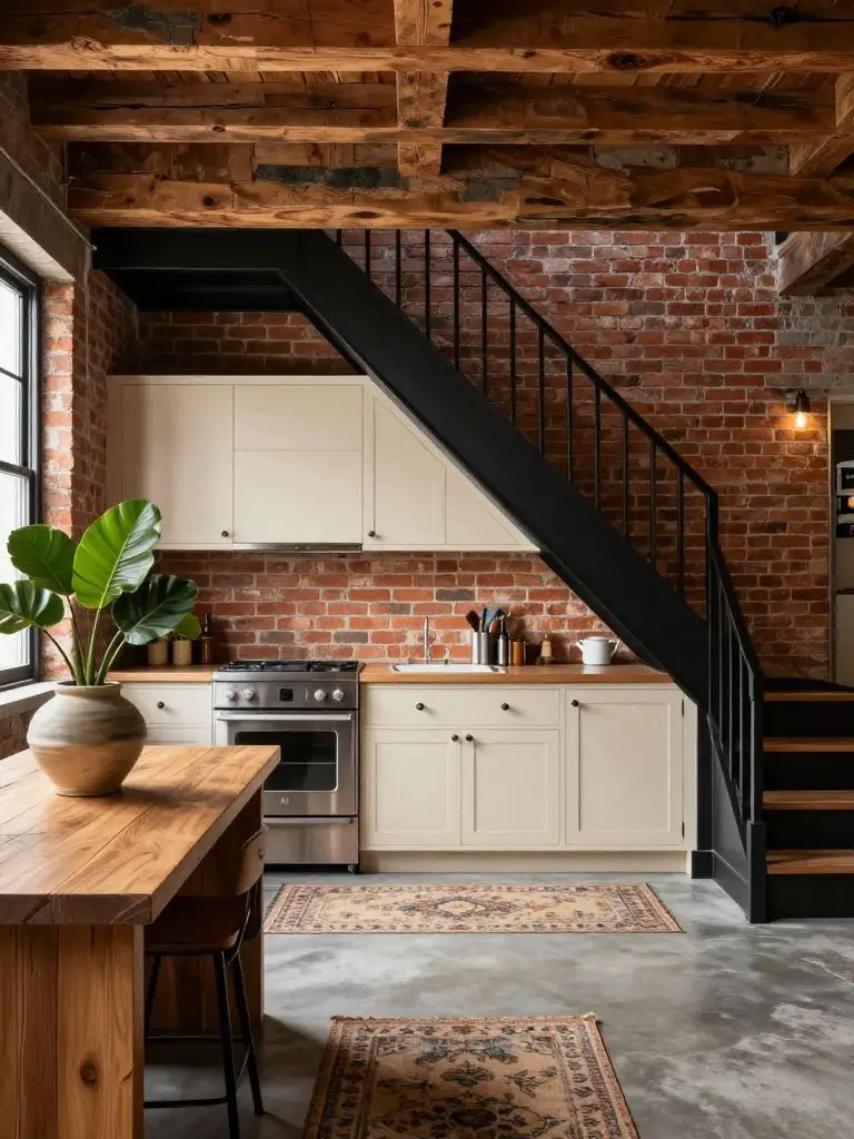 A layered rustic loft kitchen in Urban Rustic style featuring exposed brick walls and reclaimed wood ceiling beams.