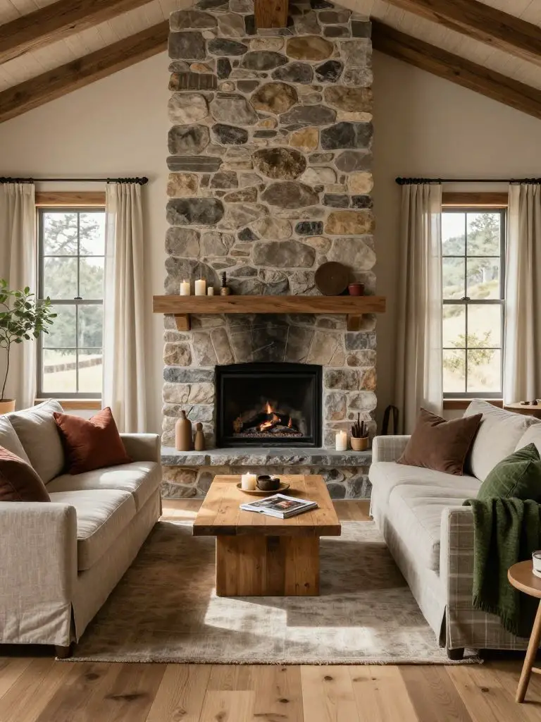 A layered mountain cottage lounge centered around a substantial fieldstone fireplace, styled in Rustic Lodge with Warm Minimalist softness.