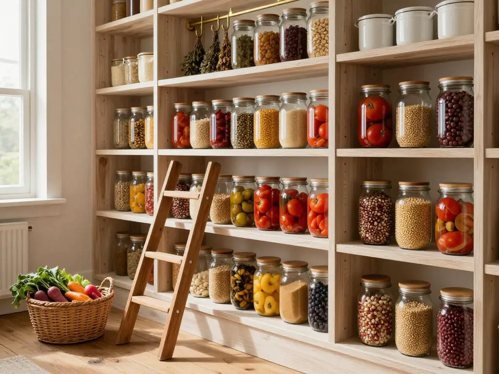 Interior pantry photograph showcasing a warm rustic modern food storage room with floor-to-ceiling open shelving in natural white oak, fille.