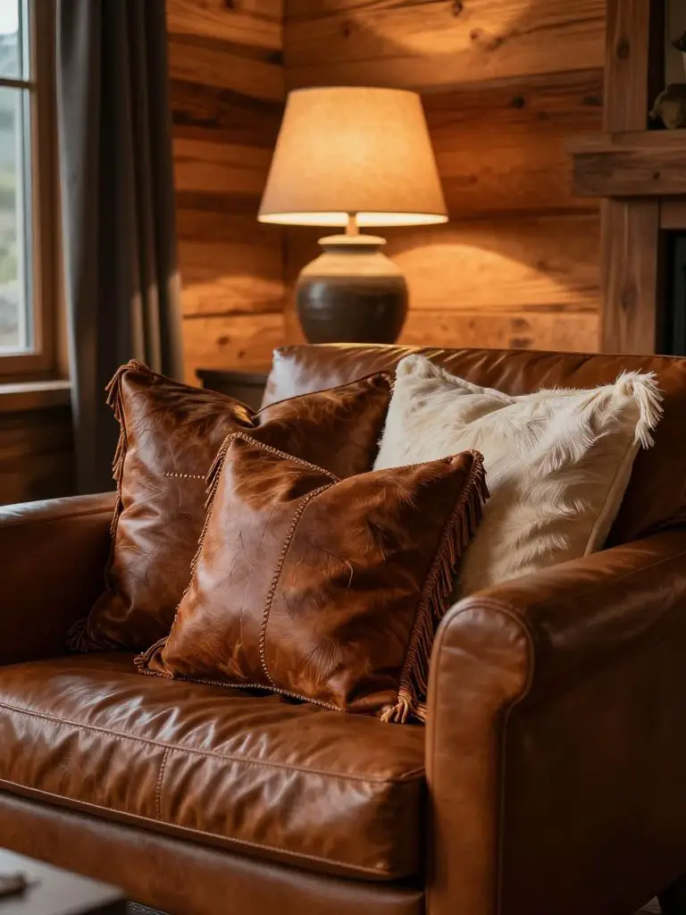 A close-up styling vignette highlighting leather and cowhide textures in a mountain cabin living room.
