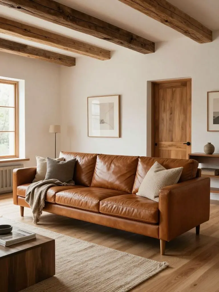 A warm modern rustic lounge anchored by a rich caramel leather sofa positioned beneath exposed timber ceiling beams.