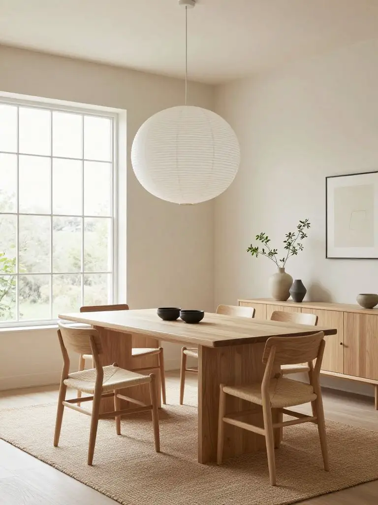 A light-filled Japandi dining room with a pale oak table centered on a natural jute rug, framed by large grid-style windows flooding the roo.
