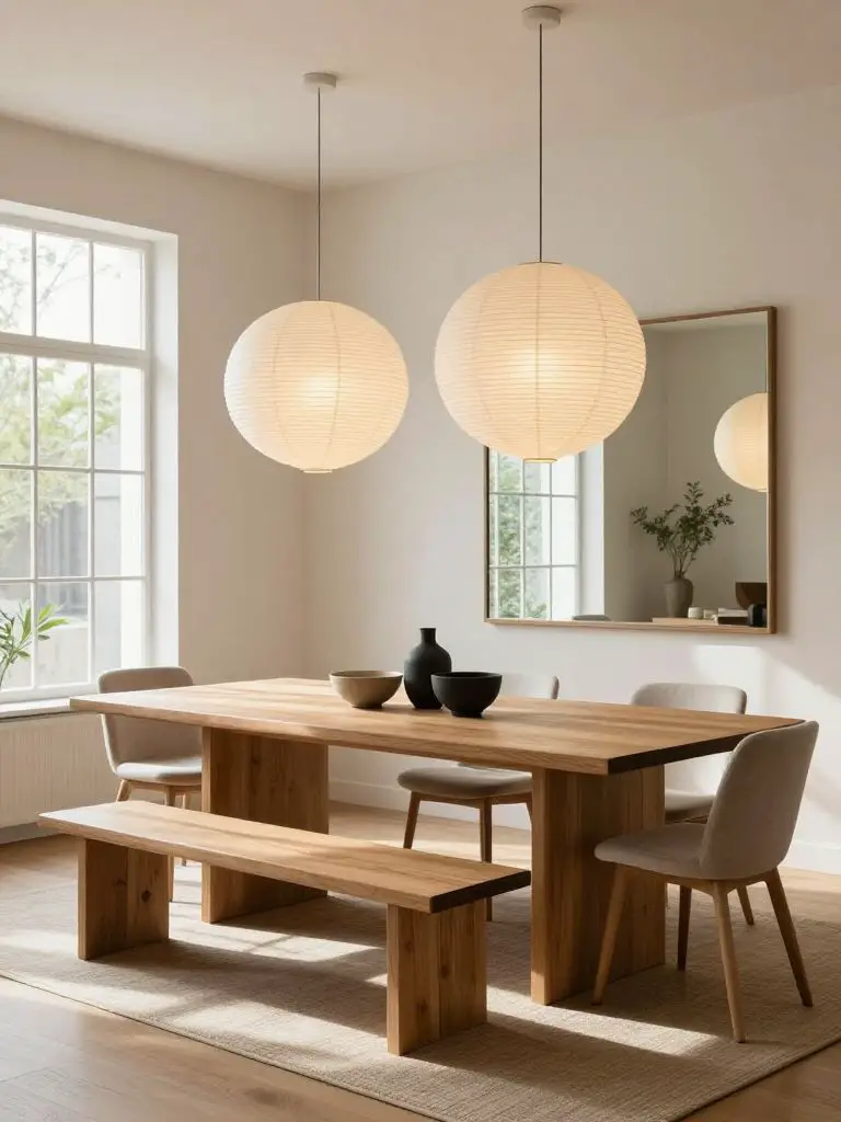 A light-filled Japandi dining room featuring a long solid oak dining table paired with a simple wooden bench and curved-back chairs.