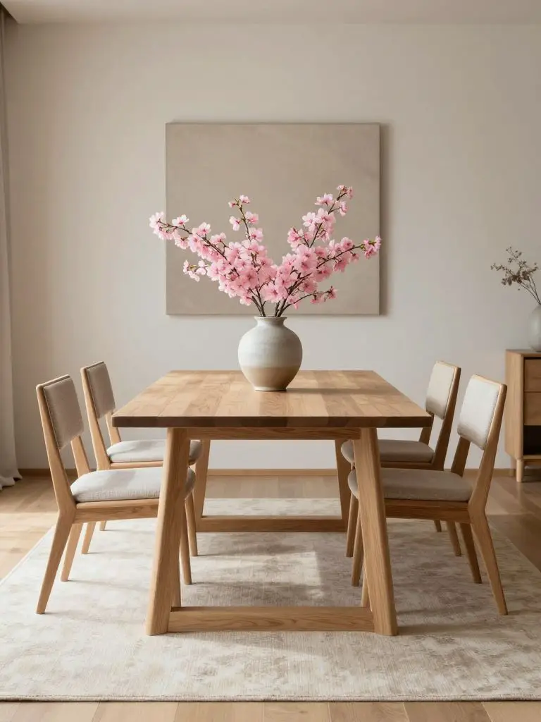 A light-filled Japanese Scandinavian dining room centered around a pale oak table with sculptural wood chairs evenly spaced for symmetry.