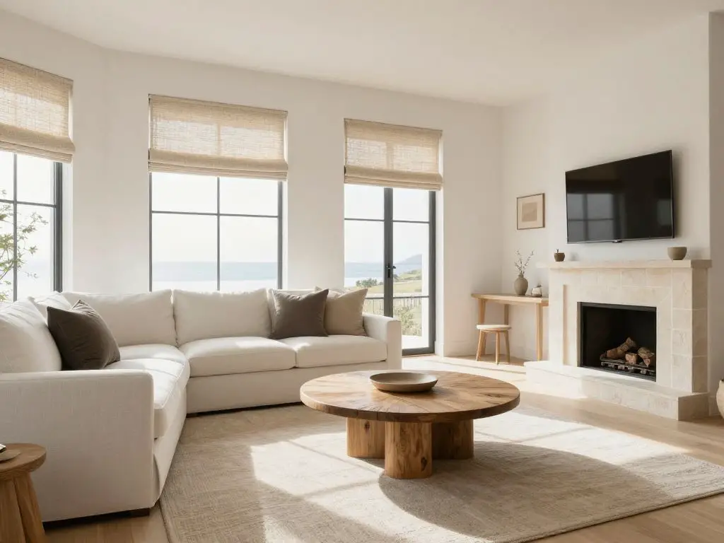 A light-filled minimalist living room in a Warm Coastal Minimalist style featuring a white slipcovered sectional positioned along the left w.