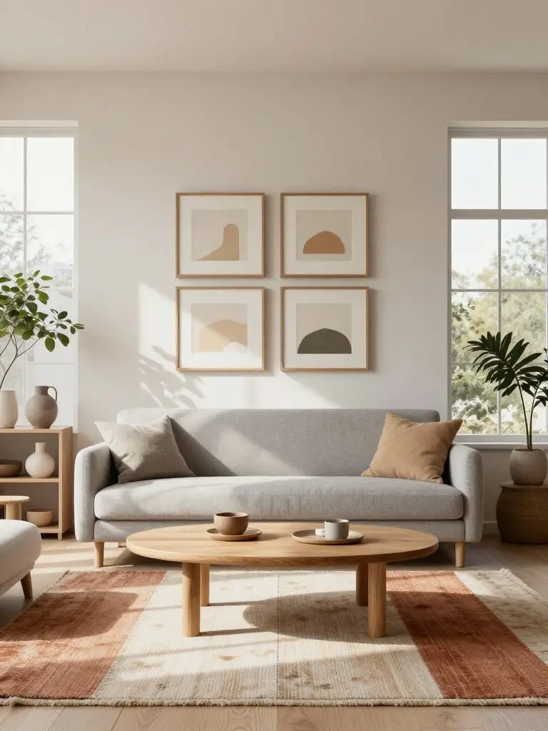 A light-filled minimalist living room blending Scandinavian and Japandi influences with natural wood accents.