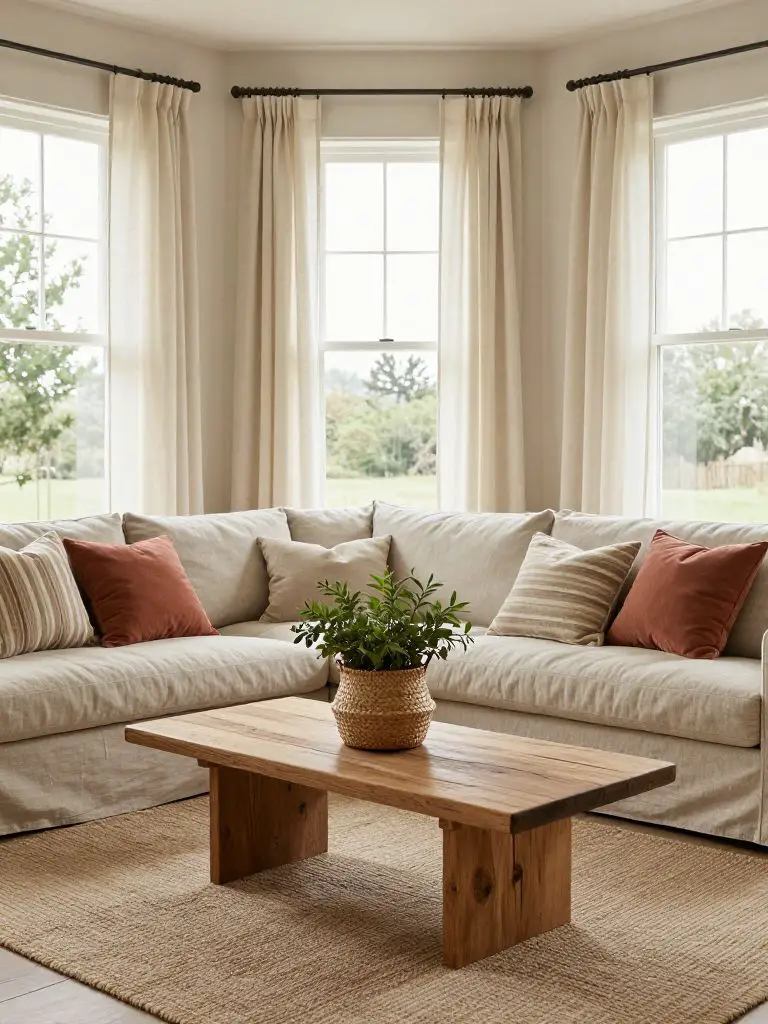 A light-filled cozy earthy living room featuring a neutral linen sofa layered with striped and clay-toned pillows.