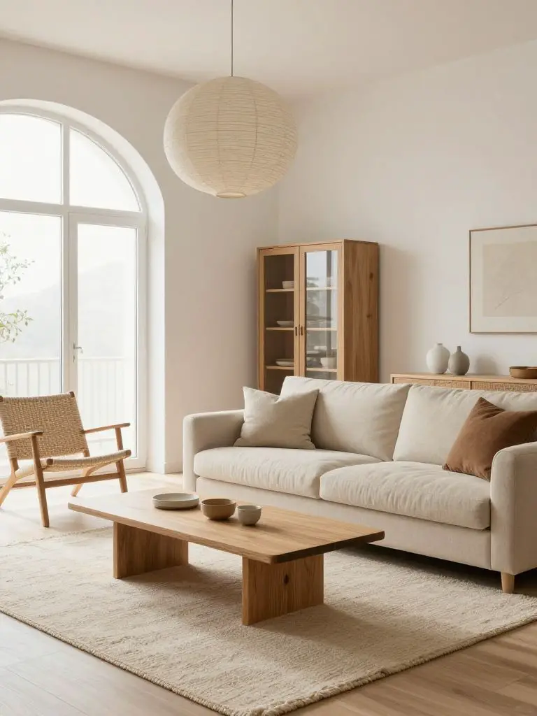 A bright minimalist neutral living room designed in Scandinavian-inspired Warm Minimalist style, featuring natural wood and linen layers.