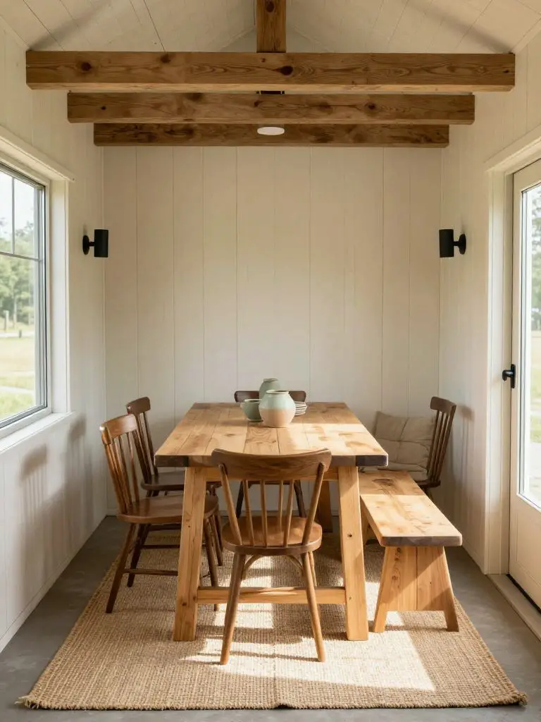 A light-filled rustic dining nook inside an off grid tiny house featuring a narrow farmhouse-style table centered beneath an open loft raili.