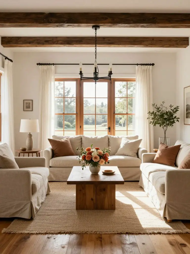 A light-filled rustic living room in Modern Farmhouse style featuring French doors with natural wood frames as the focal background element.