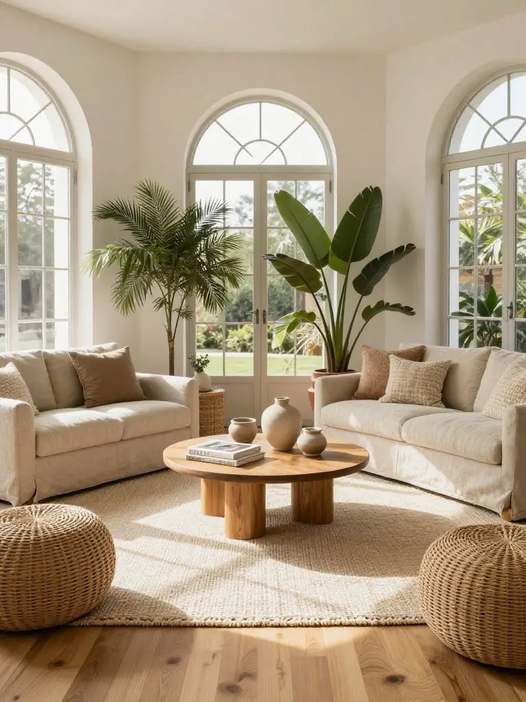 Create a light-filled sustainable home decor sitting room with arched windows and woven textures.