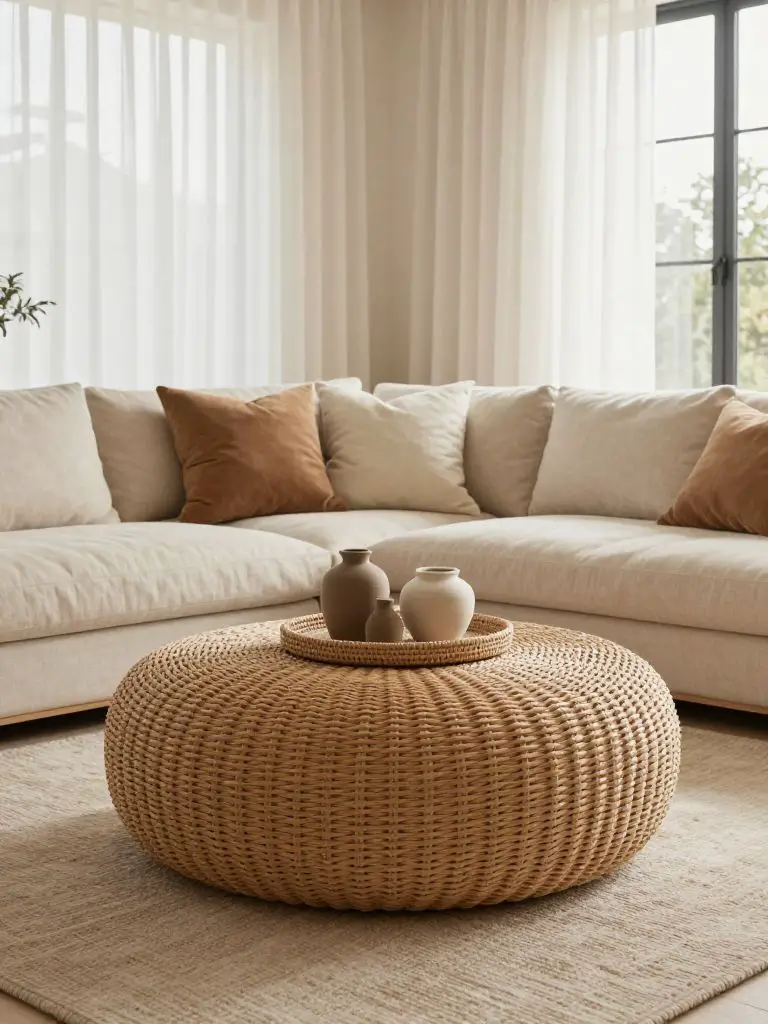 A bright cozy earthy living room designed in a Warm Minimalist style, showcasing an oversized woven ottoman coffee table in natural rattan p.