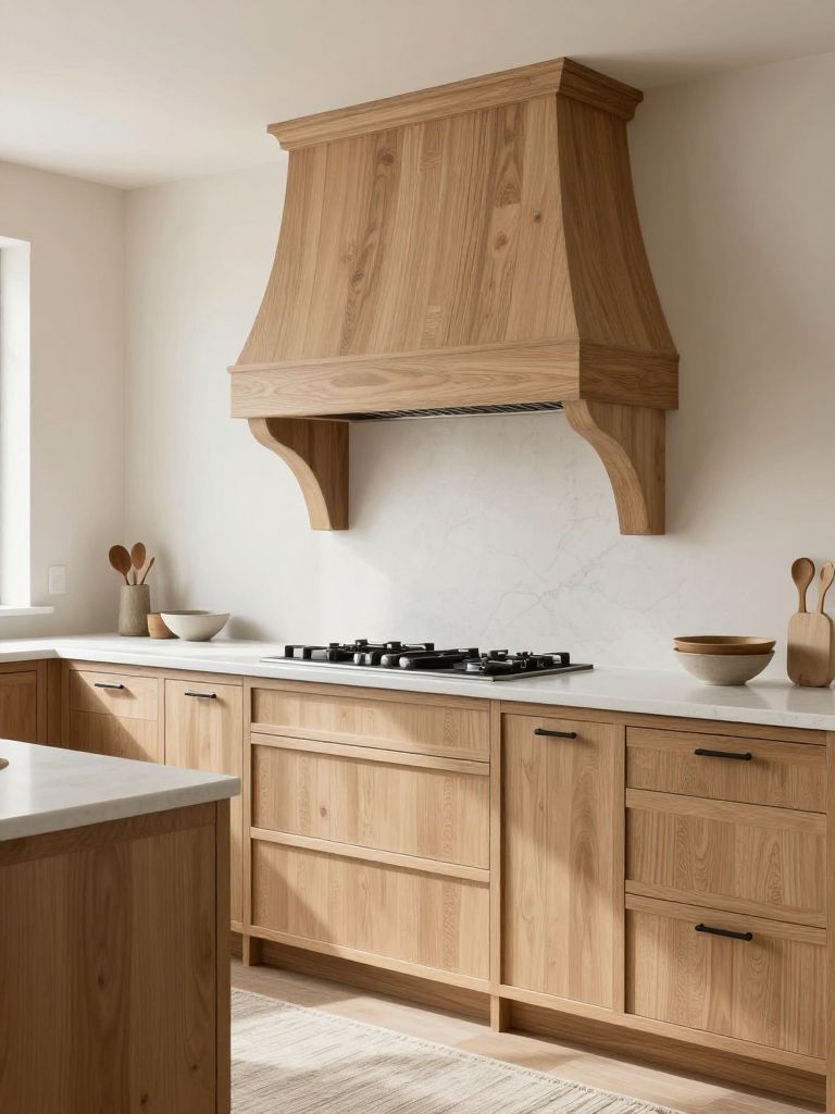 A light oak earthy kitchen with a sculpted wood range hood featuring curved support brackets as the hero subject.