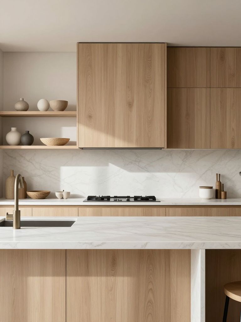 A light oak minimalist earthy kitchen featuring flat-panel cabinetry and soft white quartz countertops with delicate marble veining.