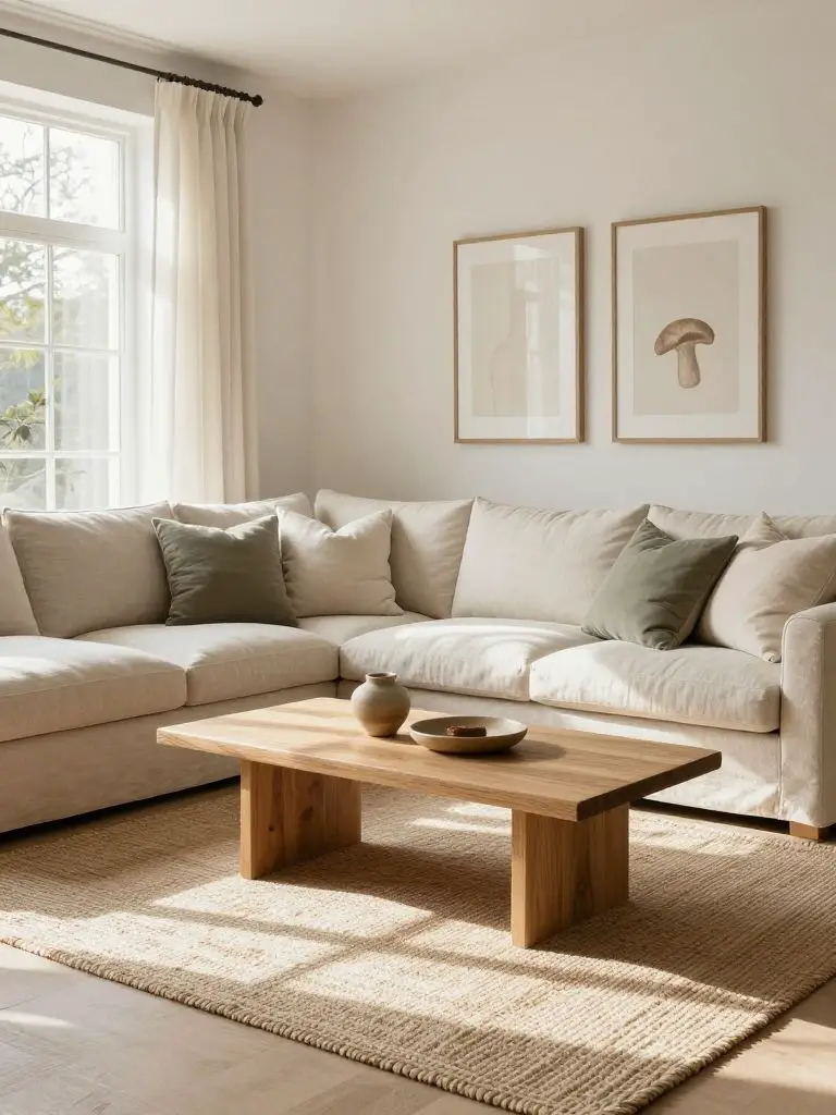 A light oak neutral living room featuring a cozy L-shaped sectional with soft linen upholstery and layered pillows in warm ivory, mushroom.