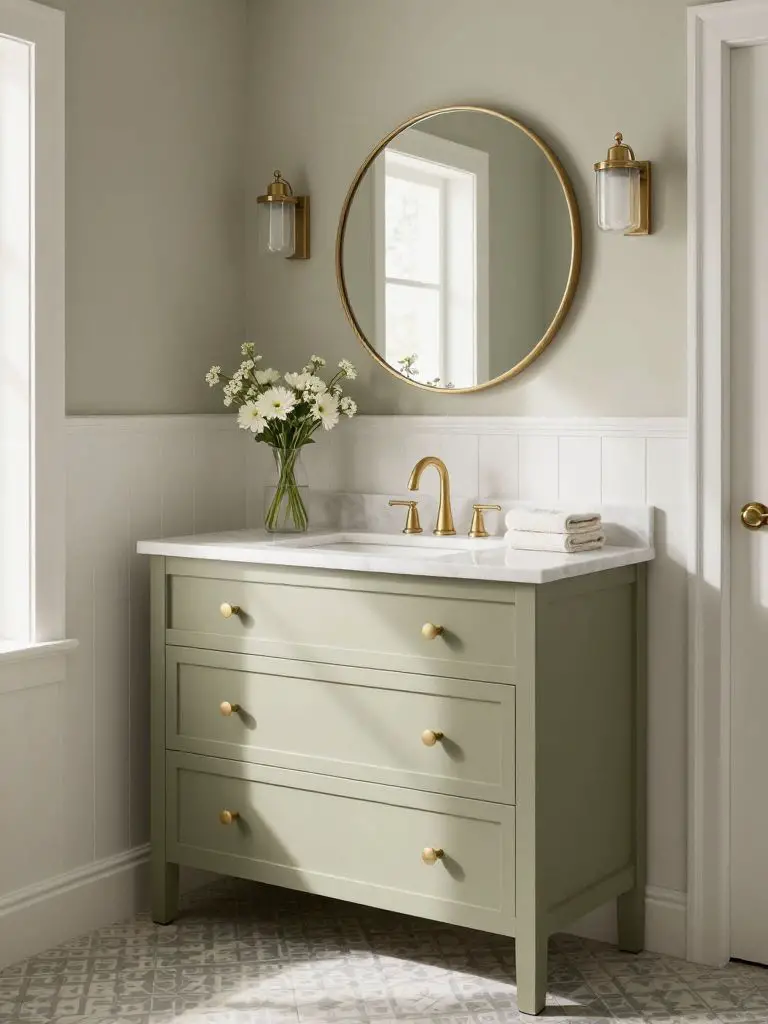 A light olive green vanity paired with a white marble countertop in a soft Modern Rustic bathroom.