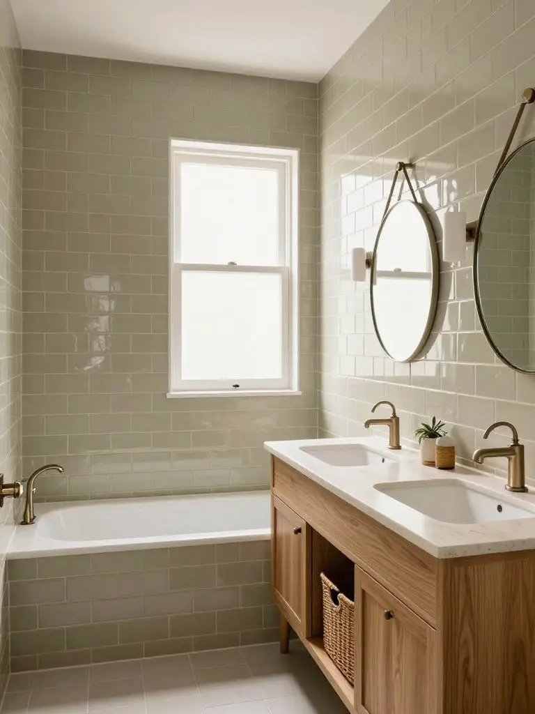 A light olive subway tile bathroom with a double vanity in warm natural wood.