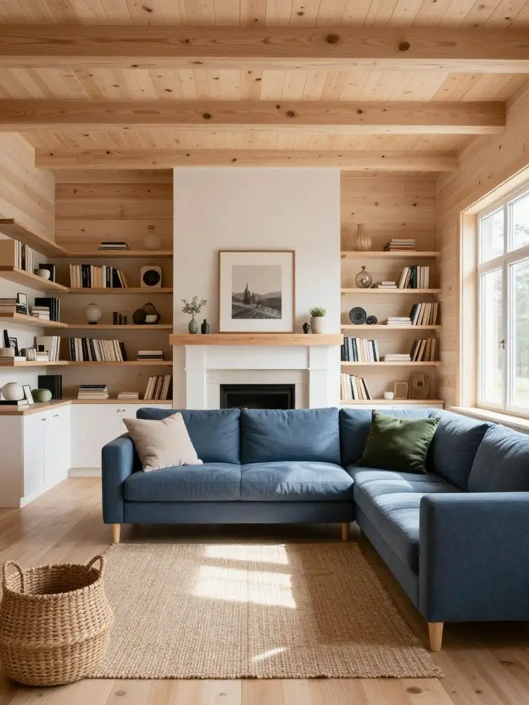A bright pine-paneled cabin living room embracing Scandinavian-inspired cabin decorating ideas.