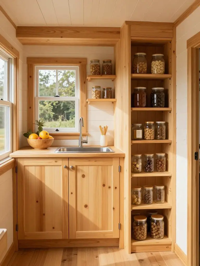 A light pine tiny home kitchen with open pantry shelving installed beside a window, embracing a warm cabin aesthetic.