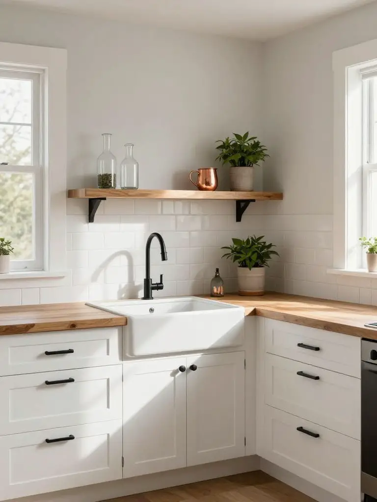 A compact modern rustic kitchen corner featuring butcher block countertops in warm maple tones paired with crisp white shaker cabinets and m.