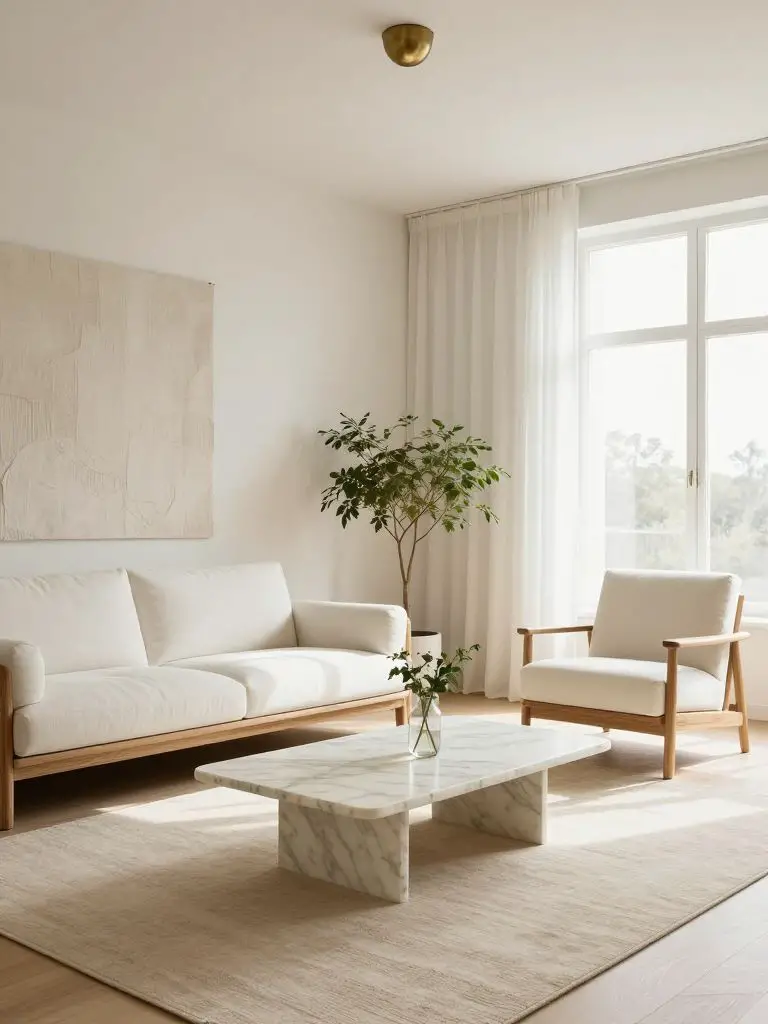 A light-filled stylish minimalist living room designed in Warm Scandinavian style, featuring a white cushioned wood-framed sofa and matching.