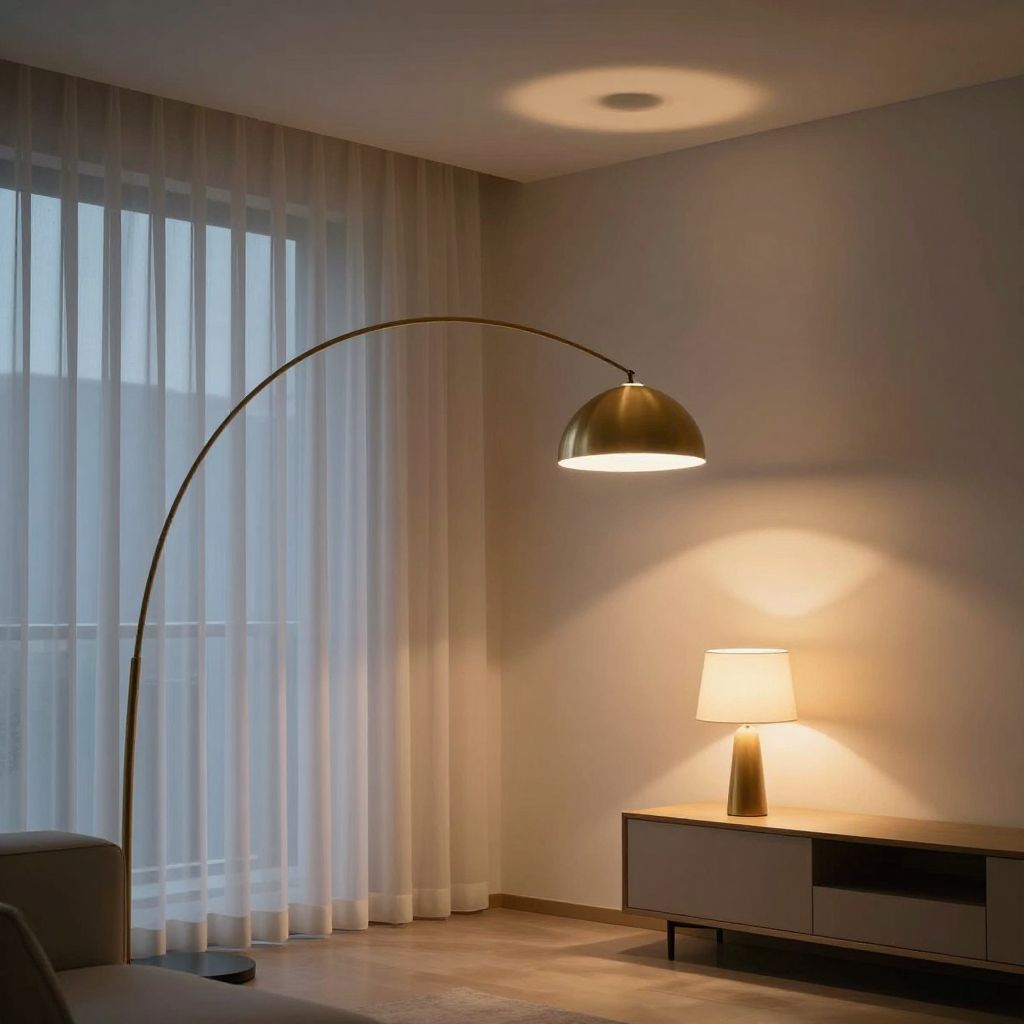 Professional interior photography demonstrating layered lighting in a minimalist living room at dusk, featuring recessed ceiling lights, scu.