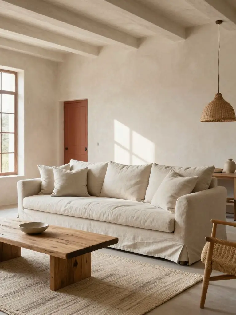A serene eco friendly living room featuring limewash textured walls and a low-profile linen sofa in soft ivory.