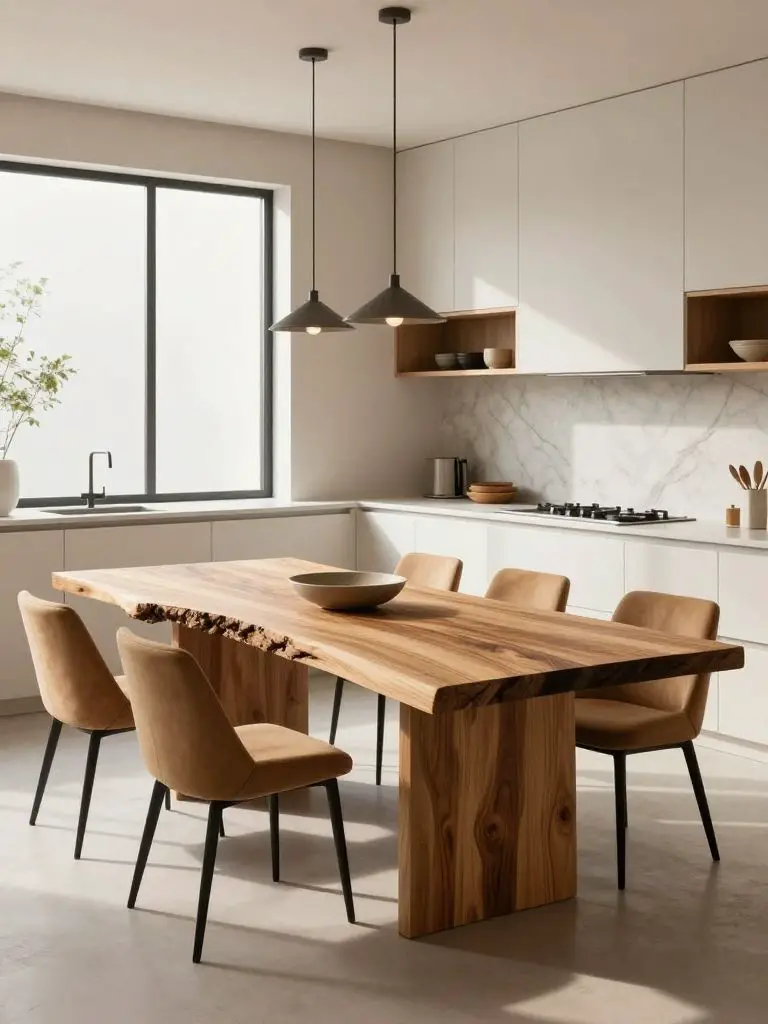 A bright kitchen-dining space centered around a live edge dining table crafted from a single slab of natural wood.