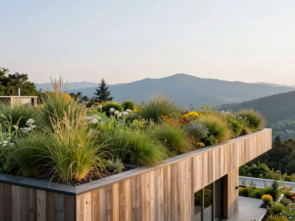 exterior photography of a modern eco house with a lush green living roof covered in native grasses and wildflowers, contemporary architectur.