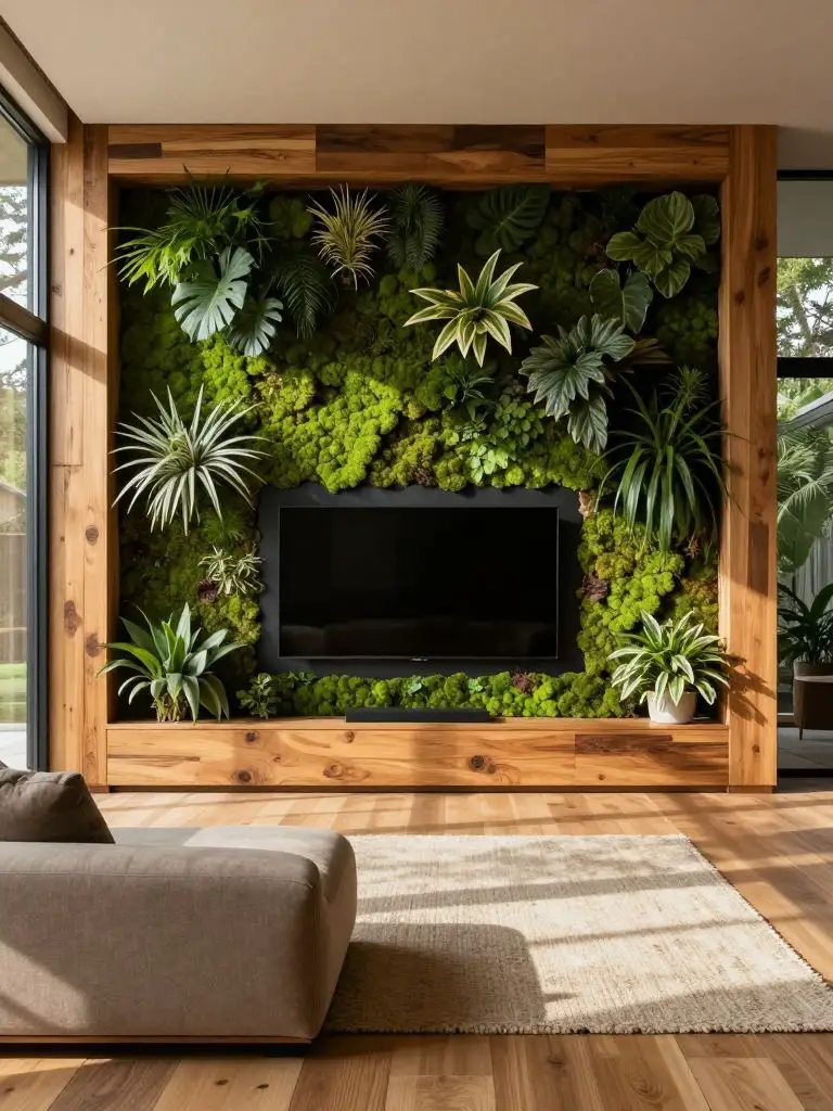 A biophilic sustainable living room featuring a dramatic vertical green wall framed by horizontal reclaimed oak paneling in warm honey tones.